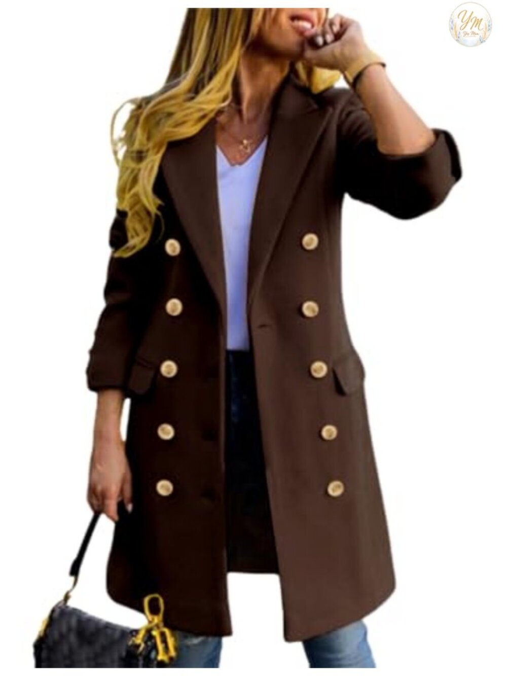 Wool Blend Double Breasted Midi Peacoat Trench Coat Notch Lapel Slim Fit